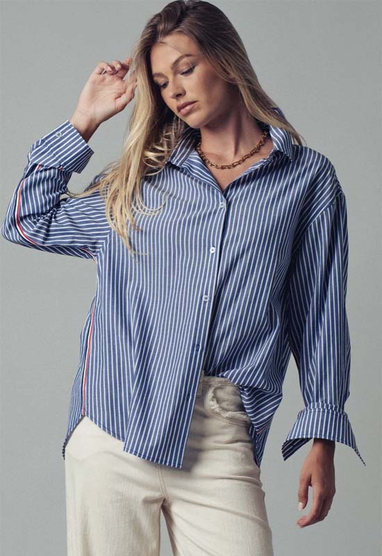 Stripe Twill Detail Button Down Shirt - Navy
