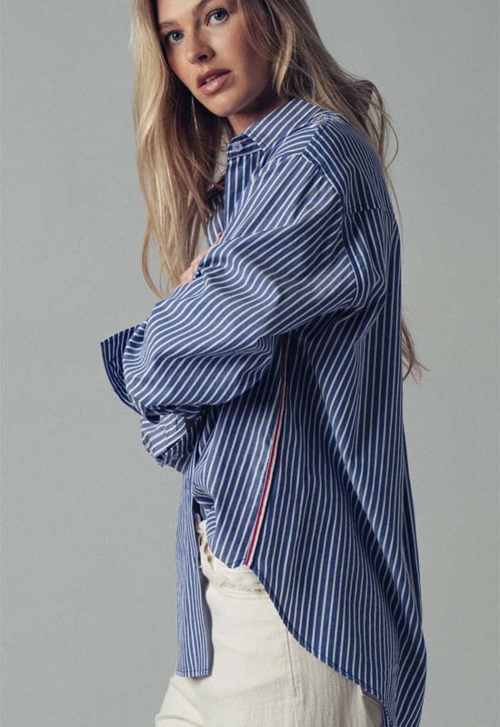 Stripe Twill Detail Button Down Shirt - Navy