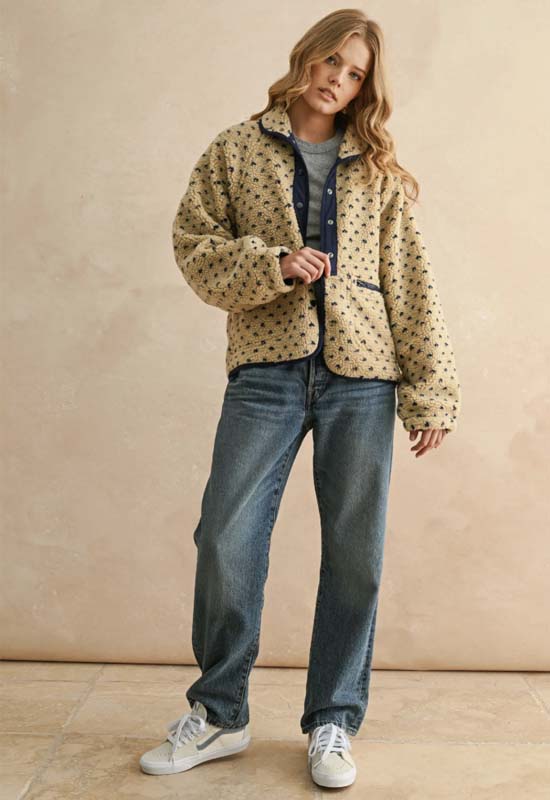 Pattern Sherpa Jacket - Beige Navy
