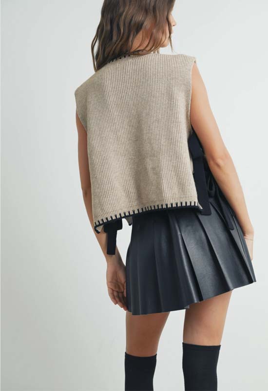 Ribbon Tie Sweater Top - Taupe Black