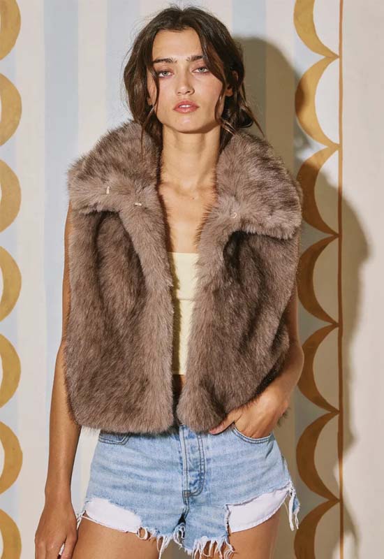 Faux Fur Crop Vest - Taupe