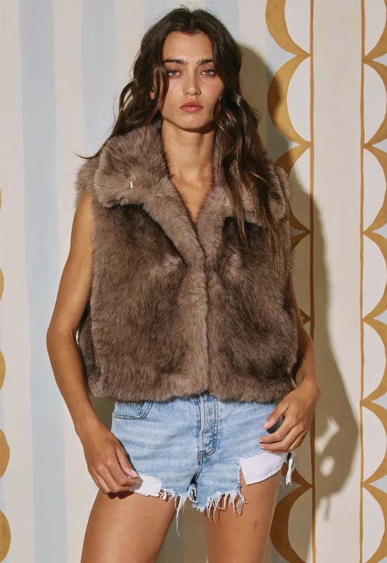 Faux Fur Crop Vest - Taupe