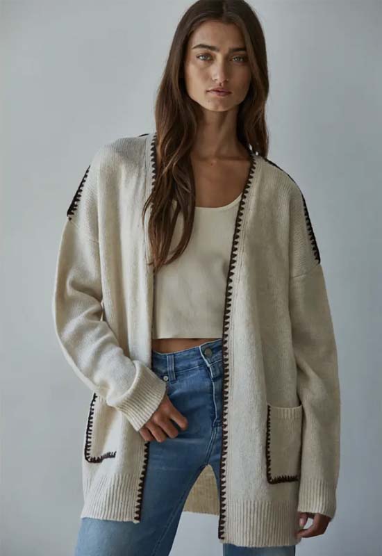 Contrast Stitch Open Cardigan - Light Beige