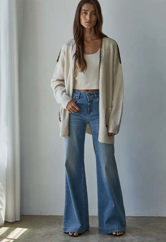 Contrast Stitch Open Cardigan - Light Beige