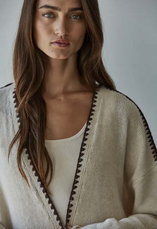 Contrast Stitch Open Cardigan - Light Beige