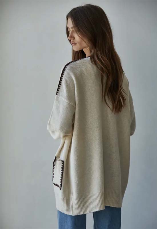 Contrast Stitch Open Cardigan - Light Beige
