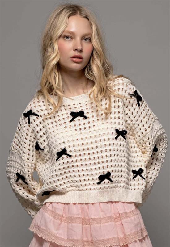 Bow Aplique Open Knit Sweater - Ivory