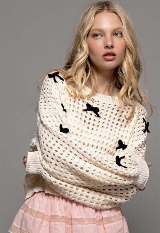 Bow Aplique Open Knit Sweater - Ivory