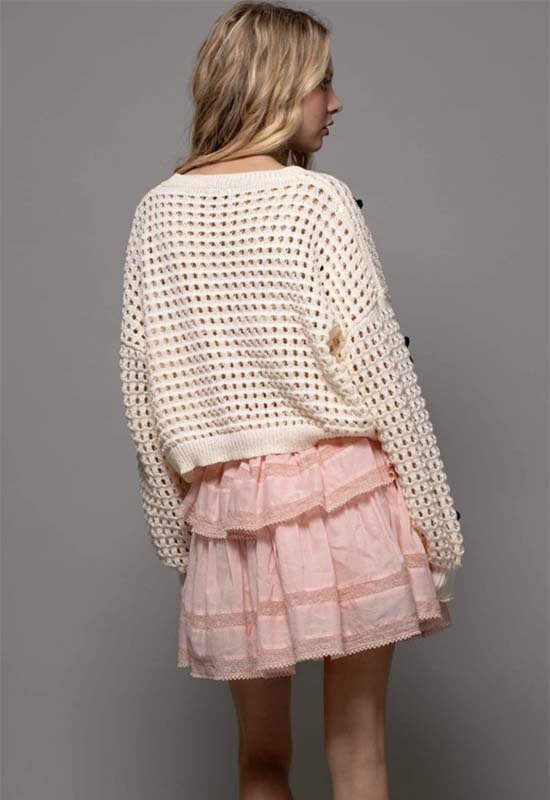 Bow Aplique Open Knit Sweater - Ivory