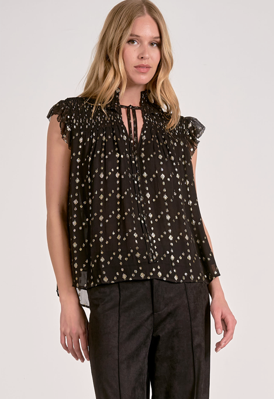 Elan - Tie Neck Top Black Geo