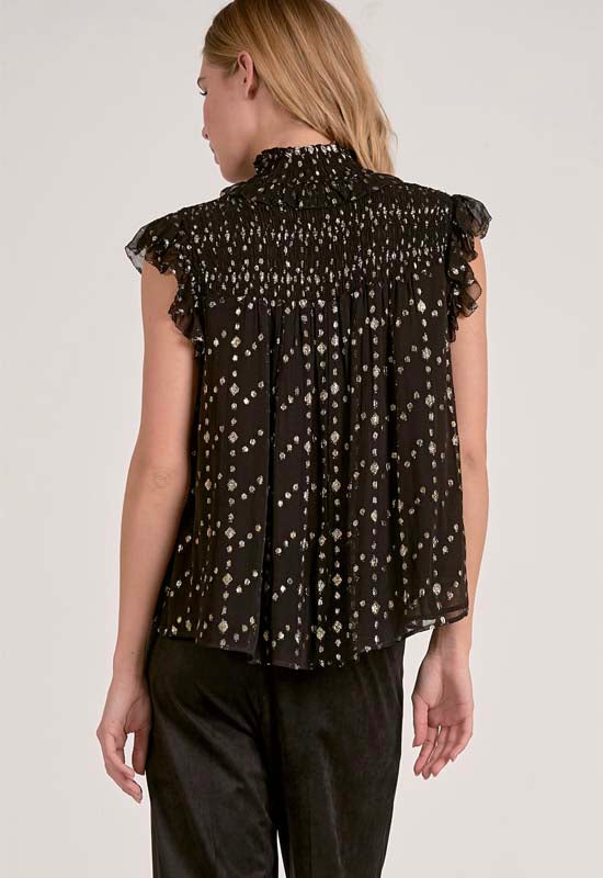 Elan - Tie Neck Top Black Geo