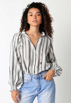 Striped Button Down Top with Bead Tie Detail - Black White