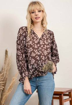 Floral Long Sleeve Blouse - Brown Multi