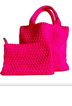 Ahdorned - Lily Woven Neoprene Tote with Pouch Neon Pink