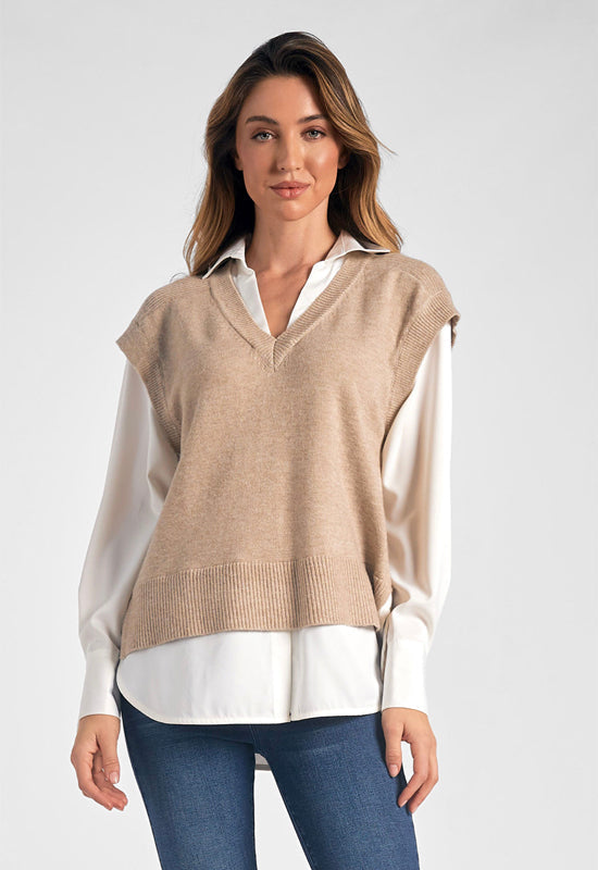 Elan - Sweater Vest Shirt Combo - Taupe White