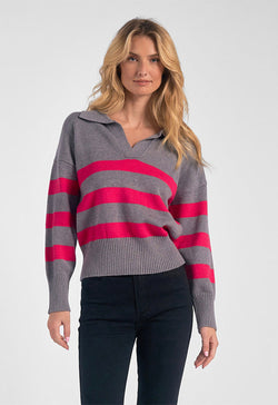Elan - Collared V-Neck Sweater Grey Fucshia