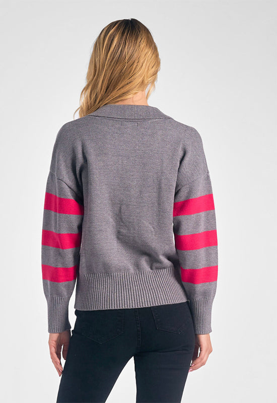 Elan - Collared V-Neck Sweater Grey Fucshia