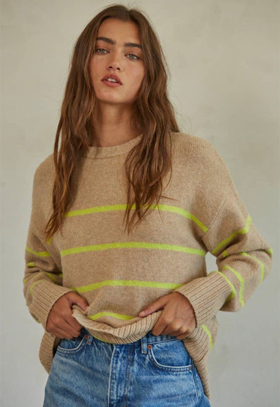 Hartford Striped Pullover Sweater - Taupe Lime