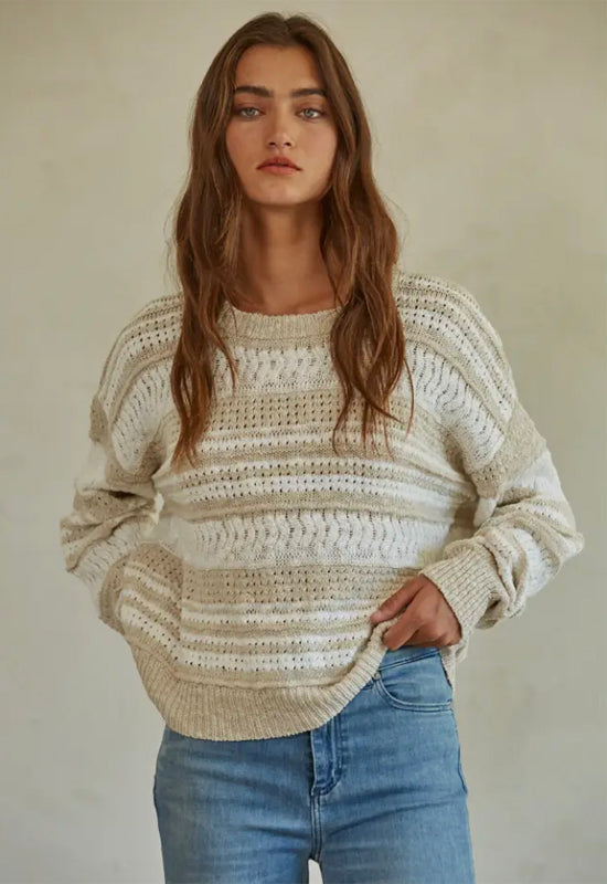 Coralie Striped Pullover Sweater - Ivory Taupe