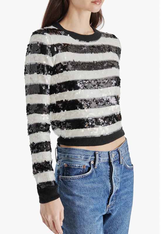 Steve Madden - Elina Stripe Sequin Sweater Black White