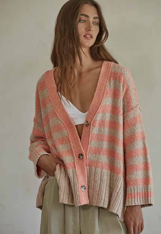 Candy Cloudy Striped Cardi - Taupe Coral
