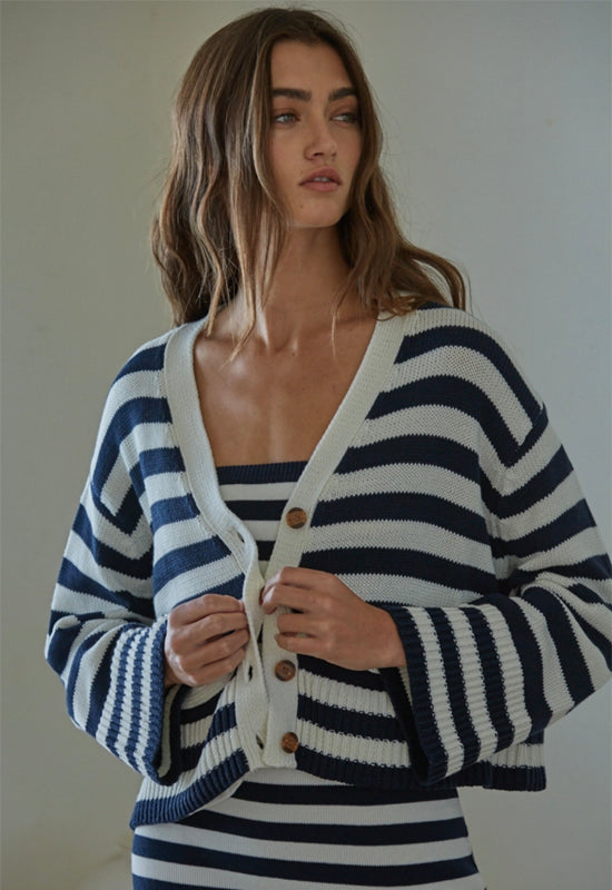 Knit Long Sleeve Striped Cardi Sweater - Navy Ivory