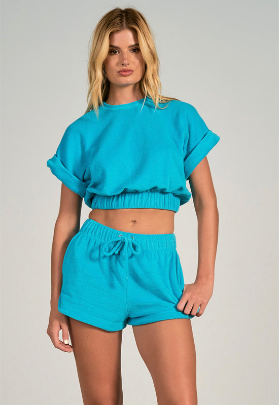 Elan - Short Sleeve Elastic Waistband Top Turquoise