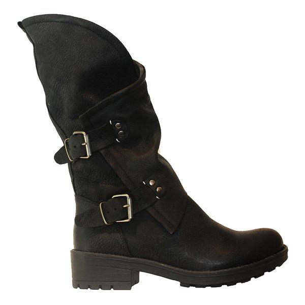 Coolway Alida - Black Leather Slouchy Dual Buckle Boot